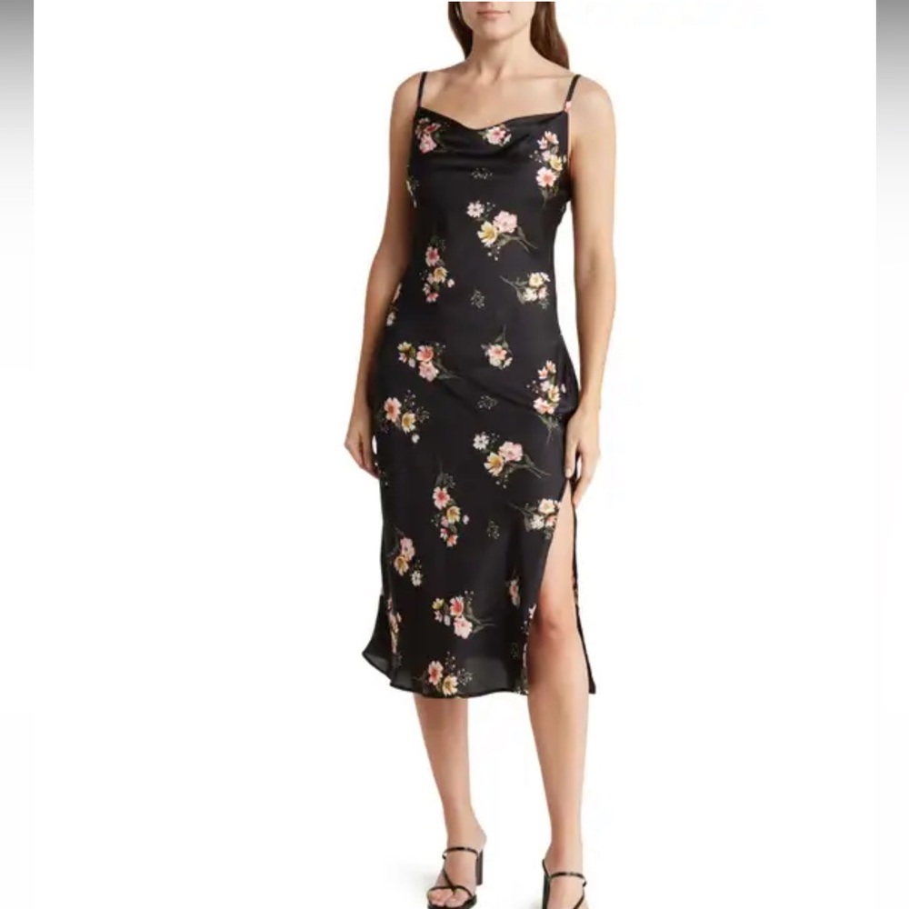 KENEDIK Cowl Drape Side Slit Slip Dress
